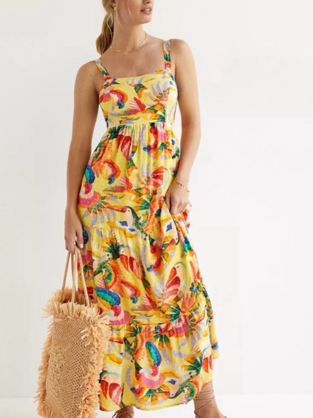 FARM Rio for Anthropologie Yellow Tropical Floral Maxi Dress